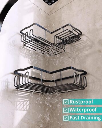 Душова полиця HapiRm, Душова полиця без свердління, Душова полиця кутова чорна з 11 гачками, мильниця і тримач для бритви, Душова