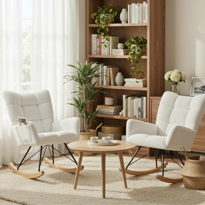 Крісло-гойдалка Clevich для вітальні, крісло-гойдалка з оббивкою з плюшевого тканини, дерев&39яними полозками та металевими ніжками, для вітальні, дитячої кімнати, спальні, вантажопідйомність до 136 кг, білий колір