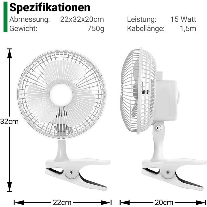 Міні вентилятор GrowPRO з кліпсою, тихий, 2-швидкісний, 15 Вт, ідеальний настільний вентилятор в офісі, столі, спальні