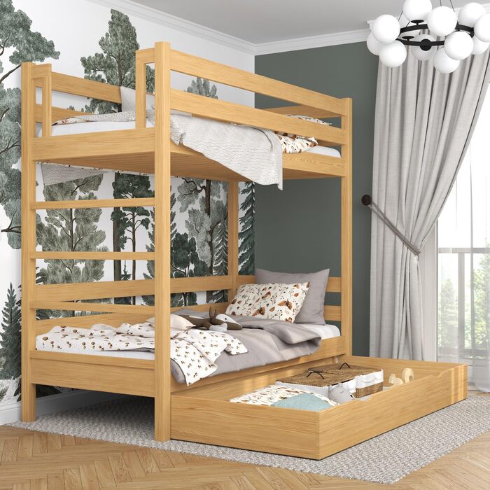 Двох'ярусне ліжко з висувною шухлядою 120x200 см, дитяче ліжко для 2 дітей, 2 сторони збірки драбини ліва або права, закруглені кр