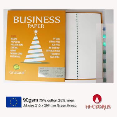 Діловий папір, 90 г/м, 75 бавовна, 25 льон, формат A4, білий друкарський папір, 100 аркушів із зеленою ниткою та УФ-волокнами (легкий)