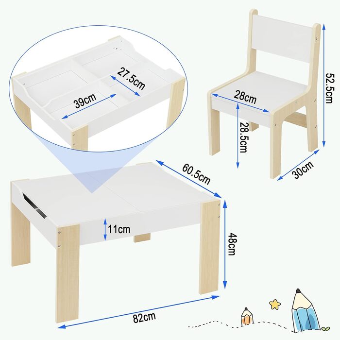 Дитячий стіл Lestaraiin з 2 стільцями, дитячий стіл з місцем для зберігання, дитячий художній стіл, дитячий комплект сидіння з двосторонньою та знімною стільницею, комплект дитячих меблів для дитячих кімнат та дитячих садків, білий