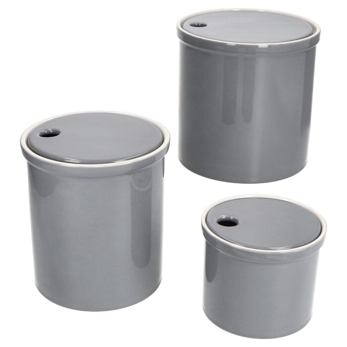 Набір із 3 контейнерів для зберігання Oskar MamboCat розмірів S, M та L сірого кольору Горщик із кришкою для картоплі, цибулі та часнику з білої глини для вашої кухні Циліндрична скринька для зберігання