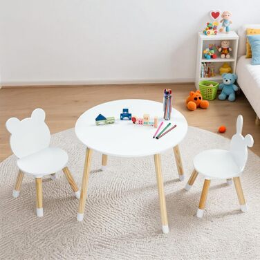 Дитячий стіл LEADZM з 2 стільцями, Дитячий комплект сидіння, Дитячий комплект сидіння, з сосновими ніжками, Дитячі меблі для дитячих кімнат та дитячих садків, Білий