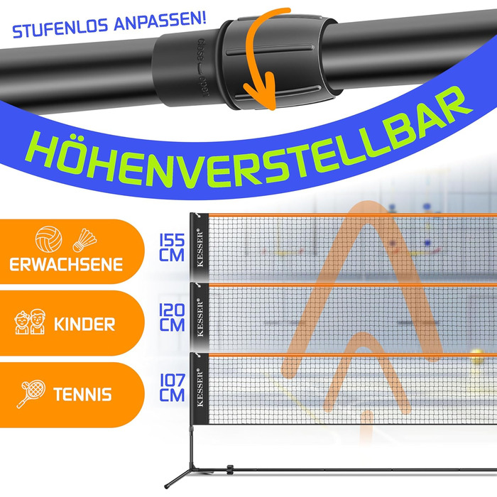 Сітка для бадмінтону KESSER, сітка для тенісу Сітка для волана з регулюванням висоти у 3 напрямках 107/120/155 см, комплект включає сітку, 3 волани та 3 тенісні м&39ячі, сумку для перенесення, міцну залізну раму, для використання в приміщенні та на вулиці