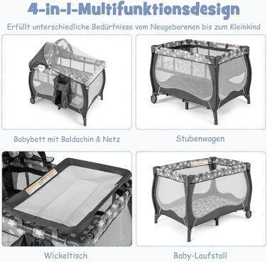 Дитяче ліжечко COSTWAY 4-в-1, портативне приліжкове ліжечко, дорожнє ліжечко зі складним матрацом, пеленальний столик, балдахін, ігрова арка та музичний мобіль, колиска з колесами, люлька для дитини до 36 місяців (сіра) темно-сіра