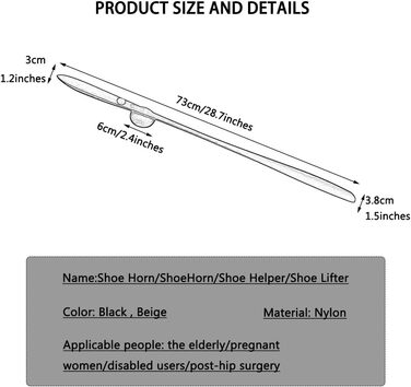 Ріжок для взуття в японському стилі з надзвичайно довгою ручкою, зручний у зберіганні магнітний гаджет для взуття, для носіння взуття, не потрібно нахилятися (колір чорний, розмір 73*3.8