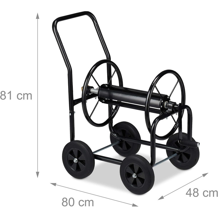 Шлангбарабан Relaxdays металевий, 4 колеса, XL, з ручкою, для 60м шланга, HBT 81 x 48 x 80 см, чорний