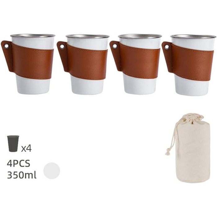 Набір кемпінгових чашок з нержавіючої сталі 304 з шкіряним тримачем, велика місткість 350 мл, 4-елементні штабелювані чашки для подорожей та пікніків