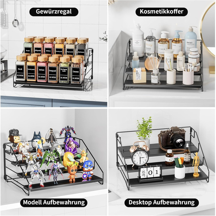 Підставка для спецій, чорна, кухонна полиця, зберігання спецій, кухня, для стільниці, органайзер для шафи, складаний металевий тримач для спецій, ширина 34 см, чорний, 1 упаковка