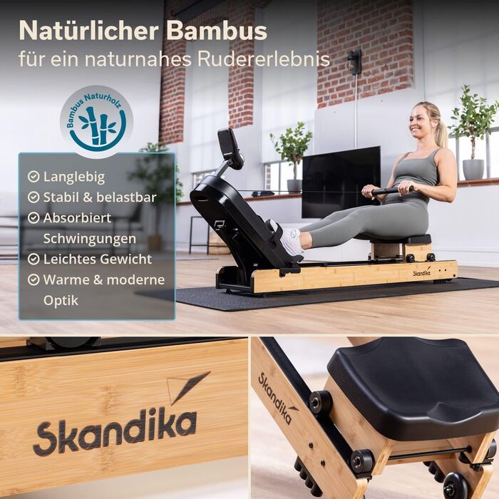 Гребний тренажер Skandika Rovek Дерев&39яний гребний тренажер, складний домашній гребний тренажер, магнітний опір з 32 рівнями, сумісний із додатком Kinomap, окремостоячий, до 195 см, світло-коричневий