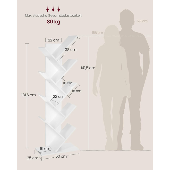Книжкова полиця VASAGLE у формі дерева, 9-ярусна окремостояча полиця, компактна кутова полиця, полиця для зберігання речей у спальні, вітальні, домашньому офісі, хмарно-білий колір LBC11WTV1 9 ярусів (25 Г x 50 Ш x 141,5 В см) хмарно-білий колір