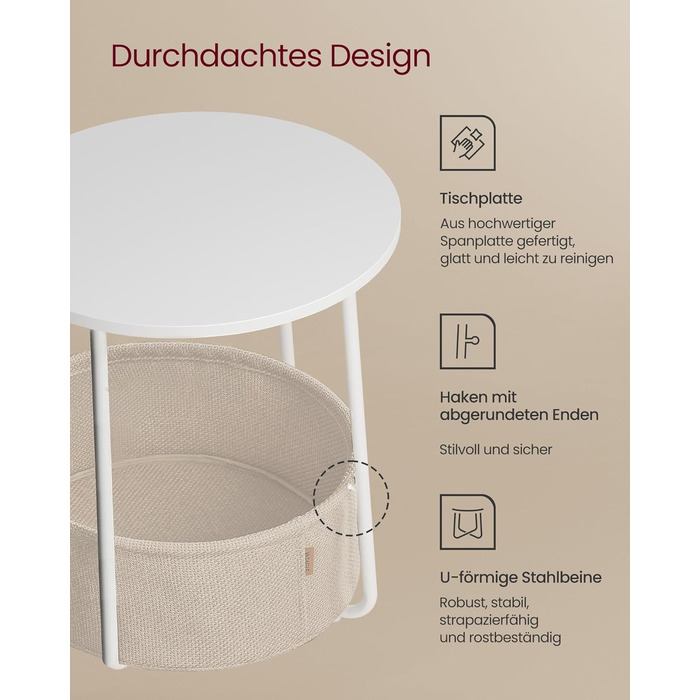 Круглий бічний столик VASAGLE, маленький столик, маленький журнальний столик, столик для вітальні, тканинний кошик, місце для зберігання у вітальні та спальні, сучасна тумбочка, матовий білий-верблюжий коричневий LET223W10 матовий білий верблюжий коричнев