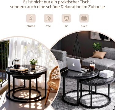 Набір журнальних столиків з 2 шт. , бічний столик, стіл для вітальні, журнальний столик з регульованою висотою, для вітальні, круглий дерев&39яний журнальний столик з чорним металевим каркасом, діаметр 70/50 см, чорний