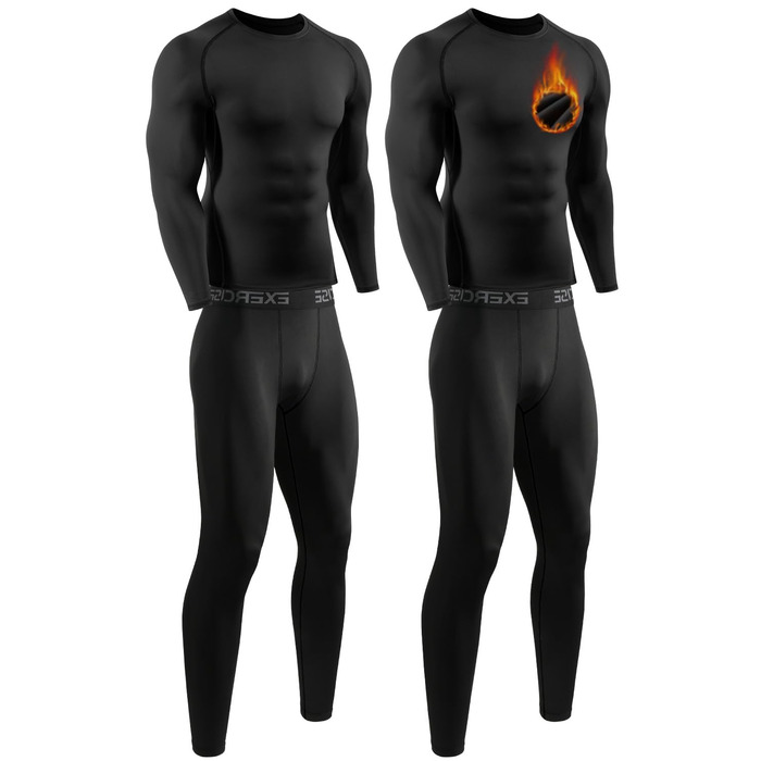 Комплект із 2 чоловічих термобілизни, функціональна білизна, комплект лижної білизни, зимова тепла флісова підкладка, довга білизна, дихаюча термомайка для чоловіків, чорний/чорний, XXL