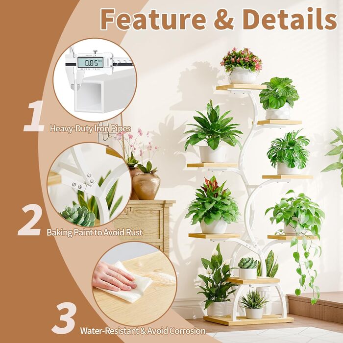 Підставка для рослин з лампою для вирощування - 8-ярусна підставка для квітів 124 см, полиця для рослин з металу та дерева - Квіткові драбини для приміщень та вулиці - Декоративна чорна квіткова підставка для балкону, біла