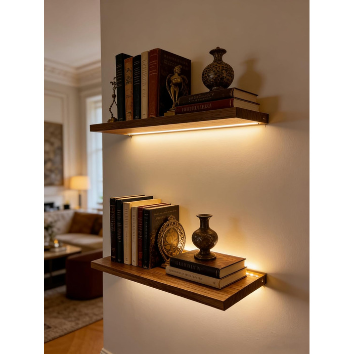 Полиці для ванної кімнати Плаваючі полиці для настінного декору Дерев&39яні настінні полиці для зберігання зі світлодіодними стрічковими світильниками над туалетом Плаваюча полиця для ванної кімнати, підвісна для книг, кутова вітальня, спальня, декор кухн