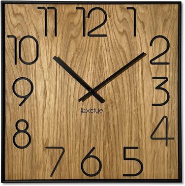 Квадратний настінний годинник FLEXISTYLE з дерева (дуб), 40x40 см, безшумний механізм, колір чорний дуб