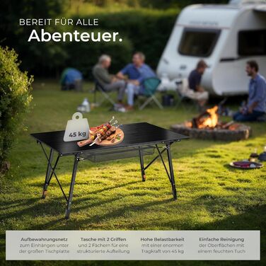 Стіл для кемпінгу tectake, розкладний стіл з алюмінію, стільниця XXL, що згортається, розкладний кемпінговий стіл, дорожній стіл, садовий стіл, водонепроникний, регульовані по висоті ніжки, сумка для перенесення, 120 x 70,5 см - чорний