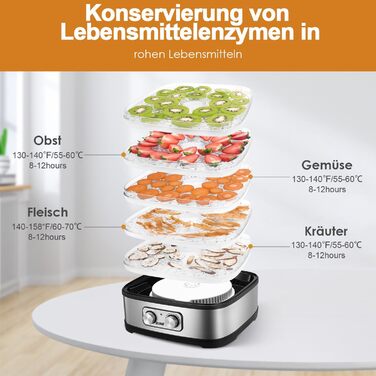 Дегідратор YASHE GGJ-261A з 5 регульованими по висоті лотками, регулюванням температури від 35-70C, дегідратором для фруктів і овочів потужністю 240 Вт, кнопковим керуванням без BPA 5 лотків без BPA