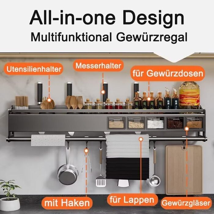 Настінна полиця для спецій, кухонна полиця для спецій з тримачем для кухонних рулонів, 4 банки та 6 гачків, полиця для спецій без свердління, кріплення на дверцята шафи, металевий тримач для спецій, настінна кухонна полиця, органайзер для спецій