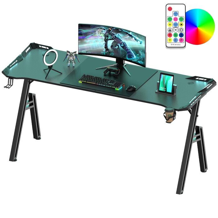 Ігровий стіл зі світлодіодним освітленням, 160x60 см, ігровий стіл з А-подібною рамою, стабільний ігровий стіл для ПК з крутим вуглецевим покриттям, ергономічний дизайн з гачком для навушників та підсклянником, легко збирається, 160 x 60 см зі світлодіодн