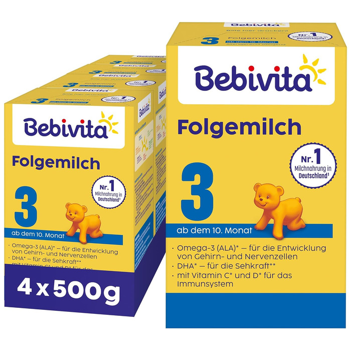 Молочна суміш Bebivita 3 для дітей віком від 10 місяців (4 x 500 г), з вітамінами C та D, Омега-3 (DHA, ALA), що насичує дитину відповідно до віку
