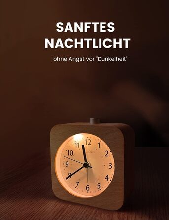 ВищеГодинник будильник аналоговий без цокання, будильник дерев'яний з дрімотою, тумбочка настільний годинник з нічником, ретро-будильник аналоговий на батарейках (потрібна батарея 1*AA) - натуральне дерево світло-коричневого кольору (квадрат, світло-корич