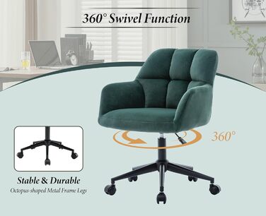 Оксамитове офісне крісло з колесами, обертове крісло, регульоване по висоті робоче крісло, товста спинка, зручне офісне крісло для домашнього кабінету, спальня, зелений