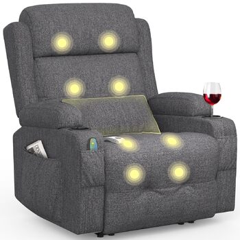 Крісло для телевізора з розкладним підйомником, масажне крісло з електрорегулюванням та функцією підігріву, функція відкидання, 2 підстаканники, 4 бічні кишені, порти типу C та USB, крісло для телевізора з підставкою для ніг, вітальня, темно-сірий