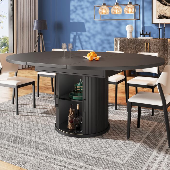 Розсувний обідній стіл, обідній стіл, кухонний стіл, розсувна стільниця, круглий обідній стіл, розкладний до овального, 118-158 см, вміщує до 6 осіб (чорний)
