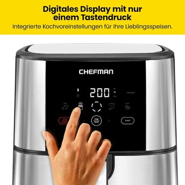 Сенсорна фритюрниця Chefman TurboFry, сімейний розмір 4.75 л, попередні налаштування цифрового керування одним дотиком, картопля фрі, курка, м'ясо, риба, можна мити в посудомийній машині, автоматичне вимкнення, нержавіюча сталь DE 4.75 л