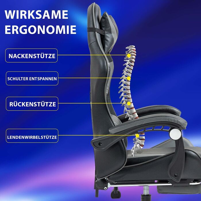 Ігрове крісло з підставкою для ніг, ігрове крісло для дорослих, комп&39ютерне крісло з поперековою опорою, підголівником, офісне крісло з регульованою висотою, чорнийсірий з підставкою для ніг чорнийсірий