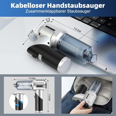 Стьобаний північний ручний пилосос, акумуляторний ручний пилосос, складаний автомобільний пилосос 3 в 1, міні-пилосос з безщіткови
