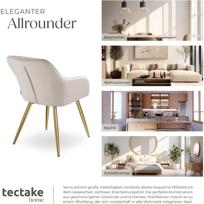 Обідній стілець tectake, зручне крісло, м&39яке крісло, коктейльне крісло з оксамитової тканини, крісло для відпочинку для вітальні, їдальні, сучасні кухонні стільці, офісне крісло - сіро-коричневий/золотий 1 стілець сіро-коричневий/золотий