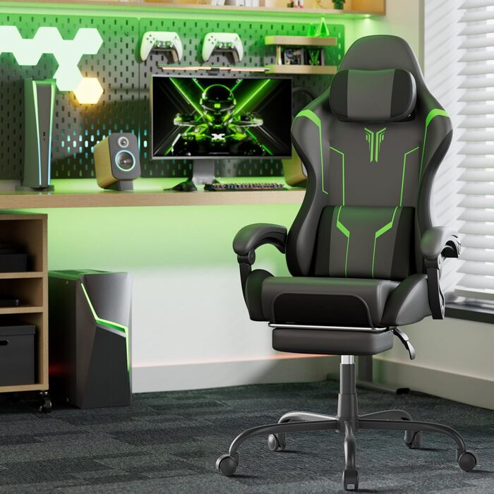Ігрове крісло, ергономічне ігрове крісло - регульоване та поворотне ігрове крісло, з шарнірними підлокітниками, підставкою для ніг, поперековою опорою, шкіряним покриттям, ігрове крісло для кіберспорту/дому/офісу (чорний зелений) сірий