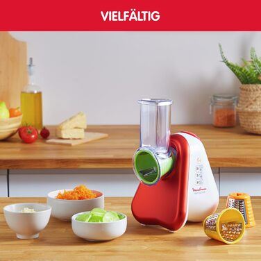 Електрична овочерізка Moulinex Fresh Express 3-в-1, 150 Вт, 3 насадки (дрібна тертка, шинкувач, тертка для сиру), Made in France, червоний/білий, DJ7535