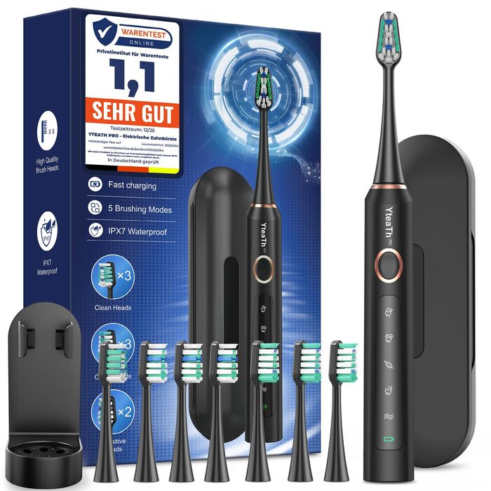 Електрична зубна щітка для дорослих і дітей звукова щітка з 8 насадками (3 типи), 90 днів роботи від акумулятора, 5 режимів, 50000 обертів на хвилину, дорожній футляр, таймер, чорний колір