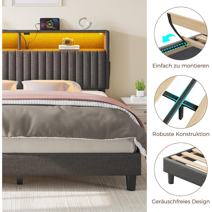 Ліжко Seventable 90x200 із зарядною станцією, металеве ліжко з м&39яким узголів&39ям та світлодіодним підсвічуванням, каркас ліжка з дворівневою полицею, ідеально підходить для дитячих кімнат, кімнат підлітків (сірий) сірий 90 x 200 см