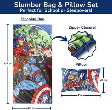 Спальний мішок та м&39яка подушка Jay Franco Marvel Avengers, 2 шт., дитячий м&39який спальний мішок для дому з ручкою для перенесення, ідеально підходить для шкільних екскурсій та ночівлі, синій Avengers
