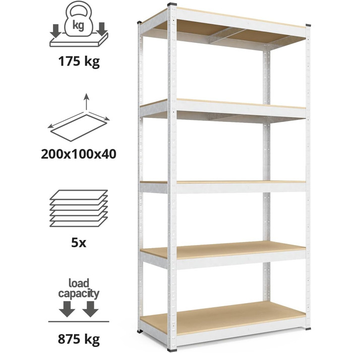 Міцний стелаж, 200x100x40 см, безболтовий стелаж з 5 полицями з МДФ, вантажопідйомність 750 кг, металевий стелаж, гаражний стелаж або стелаж для зберігання, стелаж для підвалу, вантажний стелаж, стелаж для майстерні, оцинкований 200x100x40 - полиці з МДФ 