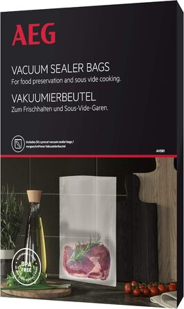 Вакуумний пакет AEG AVSB1 (сумісний з холодильником і морозильною камерою, зберігати свіжим, консервувати, готувати, готувати за технологією sous vide, попередньо нарізаний, 7-шаровий, стійкий до розриву, 500 мл, від -30 C до 110 C, прозорий), 22 см x 30 