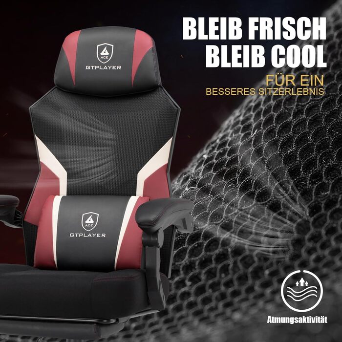 Ігрове крісло GTPLAYER з підставкою для ніг, ергономічне офісне крісло з сітчастою спинкою, тканинне ігрове крісло для дому та офісу, червоне, велике