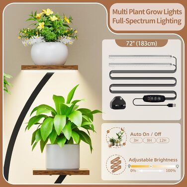 Підставка для рослин з лампою для вирощування - 8-ярусна підставка для квітів 126 см, полиця для рослин з металу та дерева - Квіткові драбини для приміщень та вулиці - Декоративна чорна квіткова підставка для балкону в приміщенні