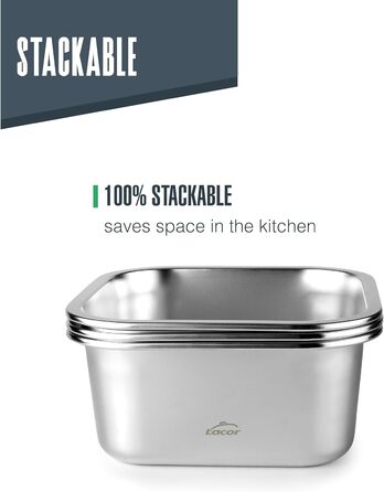 Контейнер для харчових продуктів квадратний, нержавіюча сталь 18/10, 650 мл. Підходить для мікрохвильової печі, духовки, морозильної камери та посудомийної машини, герметичний, з 4 затискачами, не містить BPA., 64613 Ecoinox