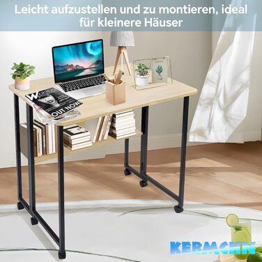 Розкладний стіл з полицею, 80x60x75 см, розкладний стіл на колесах, дерево та вуглецева сталь, компактний, багатофункціональний, для домашнього офісу, вітальні (колір дерева)