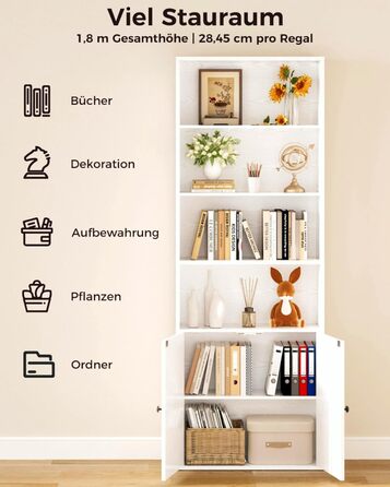 Книжкова шафа IRONCK з дверцятами, 6-ярусна полиця, висота 180 см, дерев&39яна окремостояча полиця, відкрита полиця для зберігання речей для кабінету, офісу, вітальні, спальні (біла)