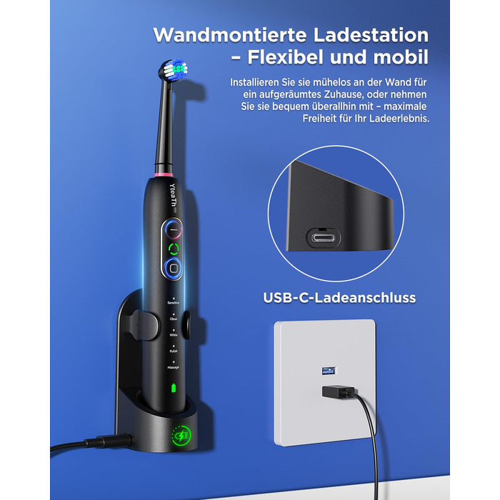 Електрична зубна щітка з обертанням для дорослих та дітей, 8 насадок (2 типи), 3 рівні інтенсивності, 5 режимів, з настінним тримачем та зарядною станцією, таймер чищення 2 хвилини, чорний колір, (в упаковці)