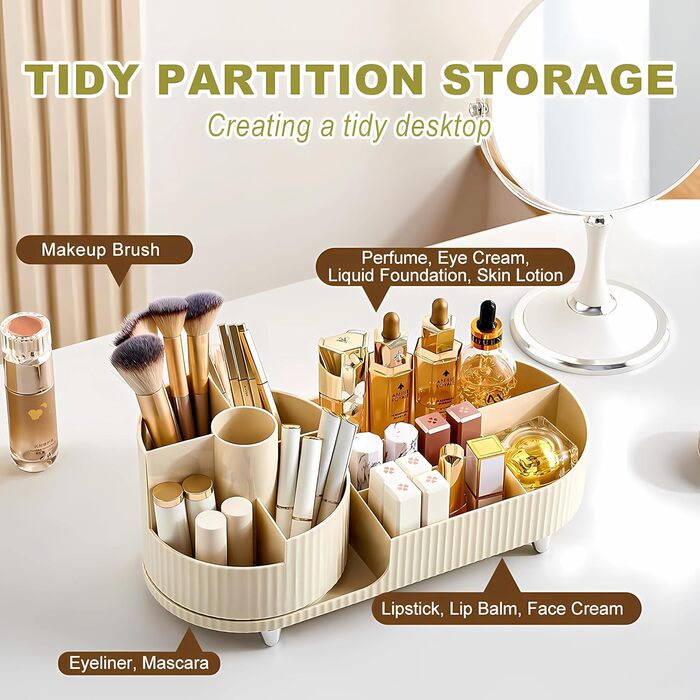 Обертовий на 360 органайзер для макіяжу, великий органайзер для ванної кімнати з коробкою для зберігання косметичного столика включає засіб для чищення пензлів для макіяжу (бежевий)