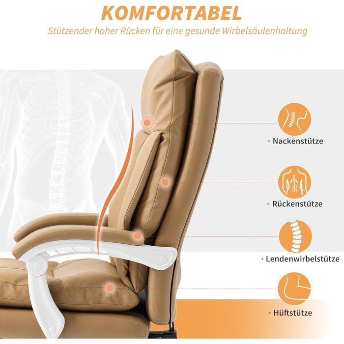 Офісний стілець HOMCOM Ергономічне робоче крісло з поперековою опорою, складні підлокітники, підставка для ніг, регульоване по висоті поворотне крісло з функцією відкидання, штучна шкіра, м&39яке комп&39ютерне крісло, світло-коричневий